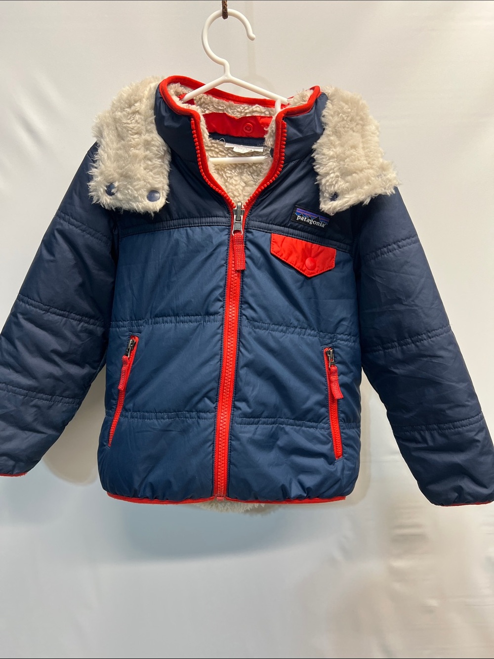 Patagonia Reversible Hooded Jacket 4T Navy Red Cream Sherpa